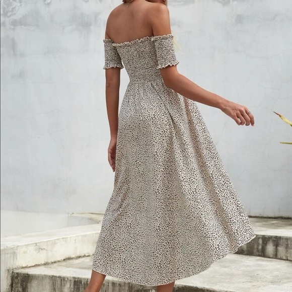 Boho dots shirred off shoulder high low wrap style dress - Picture 3 of 6